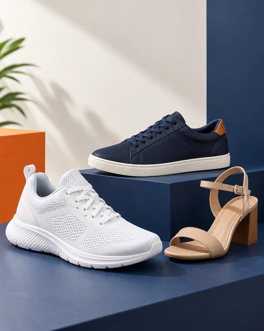 Tênis esportivo, tênis casual e sandália em composição de vitrine